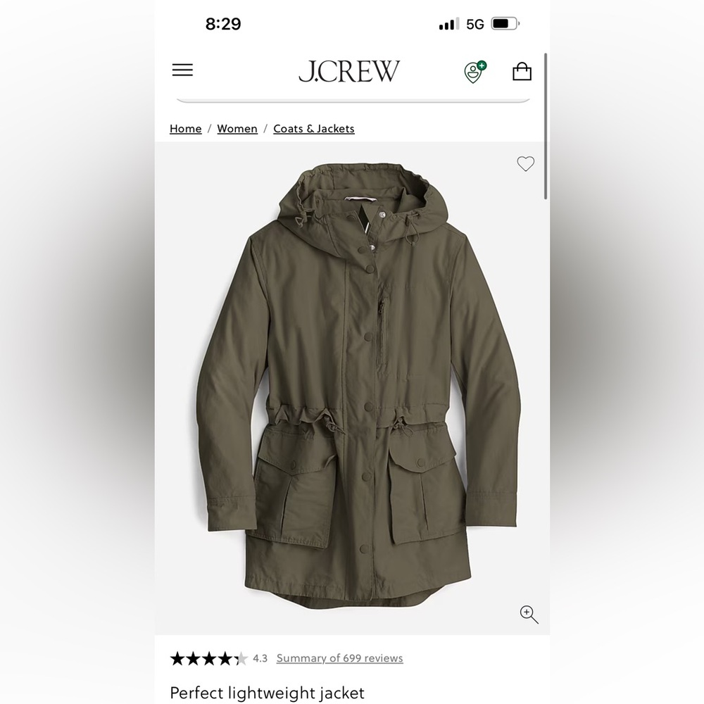 J. Crew Perfect Lightweight Rain Jacket in Dark Moss